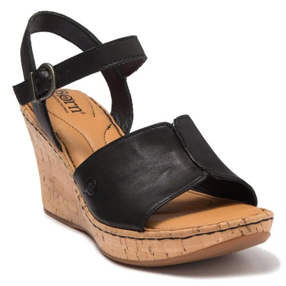 Born Shoes - BORN Agnio Cork Wedge Ankle Strap SANDALS Size 10 Black Leather NEW